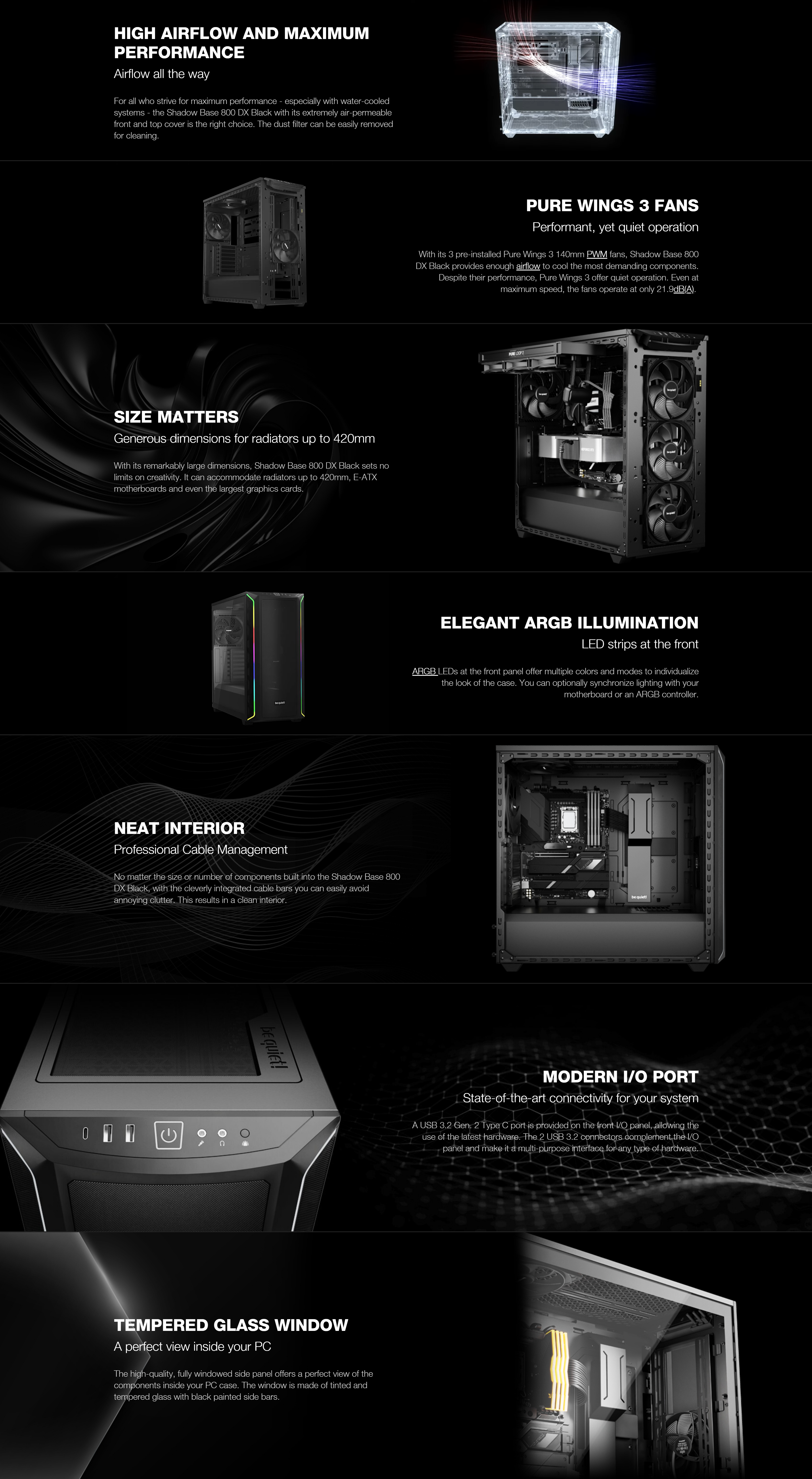 A large marketing image providing additional information about the product be quiet! SHADOW BASE 800 DX Mid Tower Case - Black - Additional alt info not provided